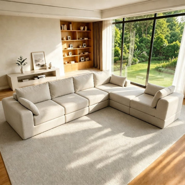 English Elm L Shaped Modular Floor Sectional Corduroy Sofa with Deep Seating and Four Pillows Camel W3975S00191