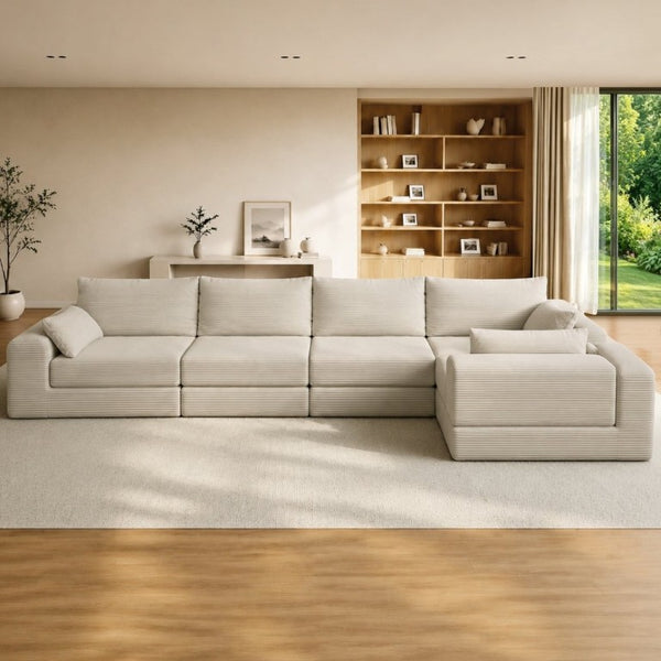 English Elm L Shaped Modular Floor Sectional Corduroy Sofa with Deep Seating and Four Pillows Camel W3975S00191