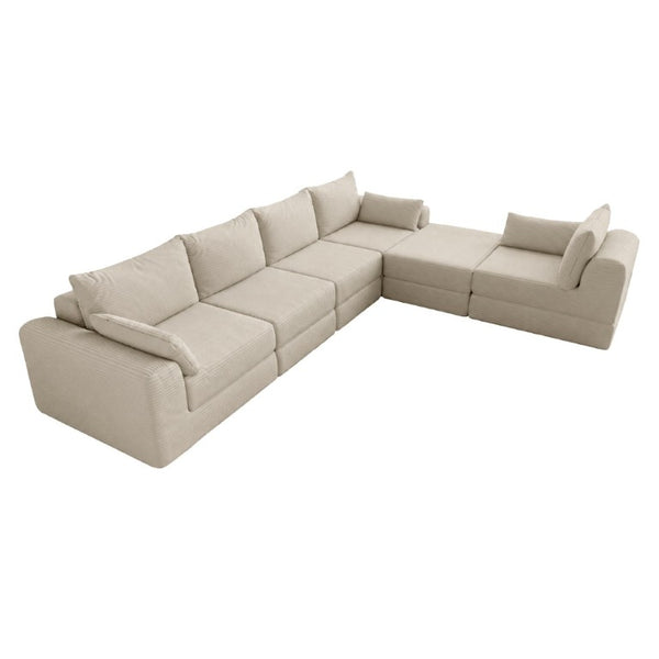 English Elm L Shaped Modular Floor Sectional Corduroy Sofa with Deep Seating and Four Pillows Camel W3975S00191
