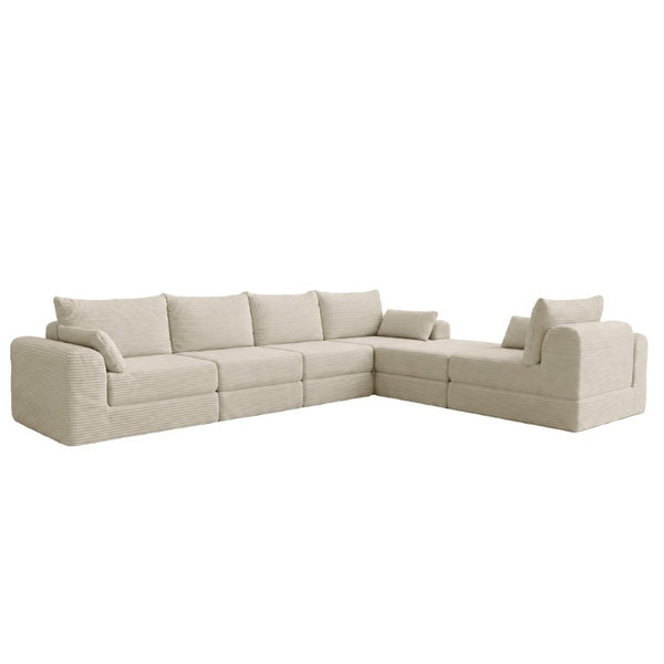 English Elm L Shaped Modular Floor Sectional Corduroy Sofa with Deep Seating and Four Pillows Camel W3975S00191