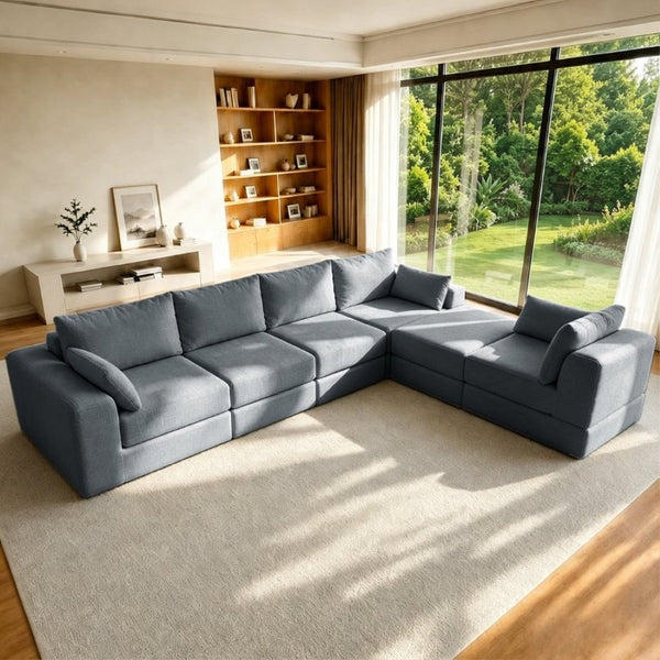 English Elm L Shaped Modular Floor Sectional Corduroy Sofa with Deep Seating and Four Pillows Grey W3975S00192