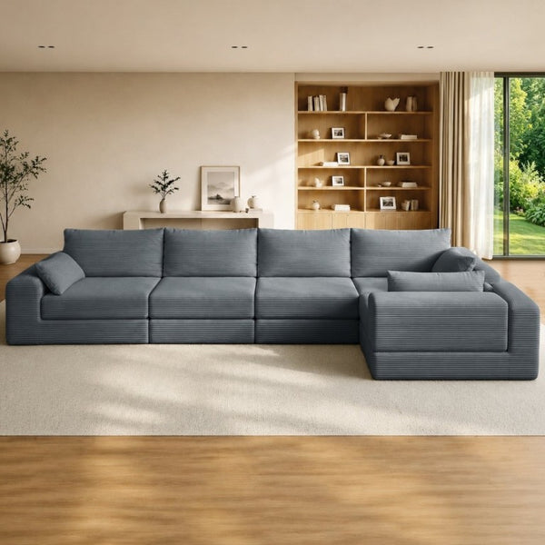 English Elm L Shaped Modular Floor Sectional Corduroy Sofa with Deep Seating and Four Pillows Grey W3975S00192