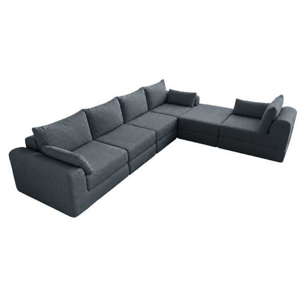 English Elm L Shaped Modular Floor Sectional Corduroy Sofa with Deep Seating and Four Pillows Grey W3975S00192