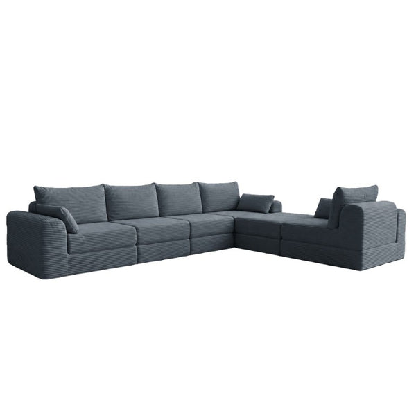 English Elm L Shaped Modular Floor Sectional Corduroy Sofa with Deep Seating and Four Pillows Grey W3975S00192