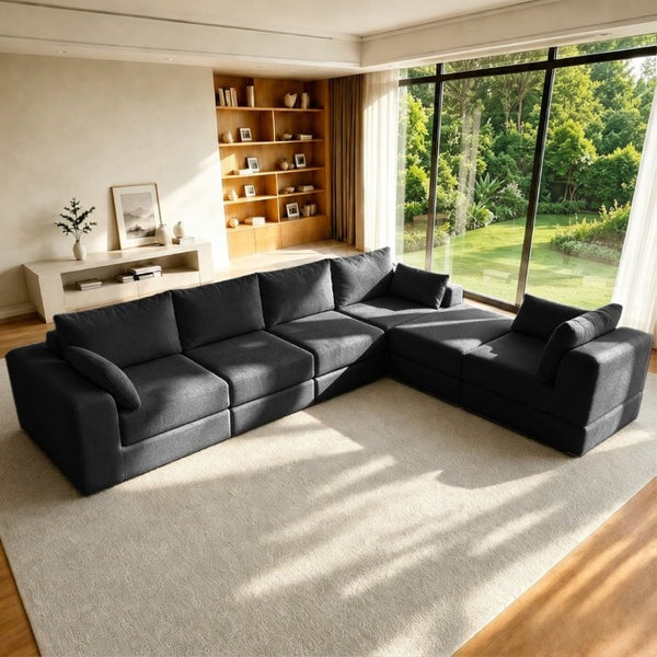 English Elm L Shaped Modular Floor Sectional Corduroy Sofa with Deep Seating and Four Pillows Black W3975S00193