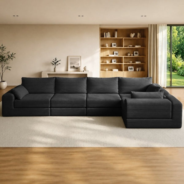English Elm L Shaped Modular Floor Sectional Corduroy Sofa with Deep Seating and Four Pillows Black W3975S00193