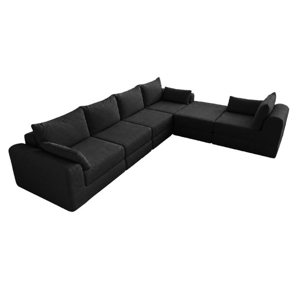 English Elm L Shaped Modular Floor Sectional Corduroy Sofa with Deep Seating and Four Pillows Black W3975S00193