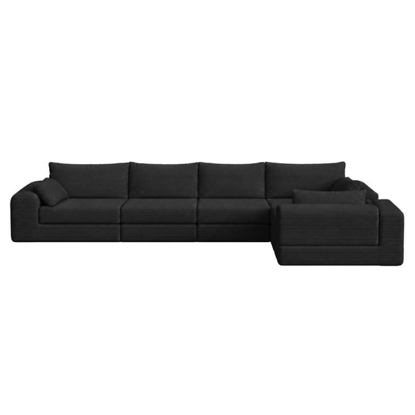 English Elm L Shaped Modular Floor Sectional Corduroy Sofa with Deep Seating and Four Pillows Black W3975S00193