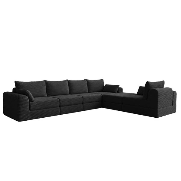 English Elm L Shaped Modular Floor Sectional Corduroy Sofa with Deep Seating and Four Pillows Black W3975S00193