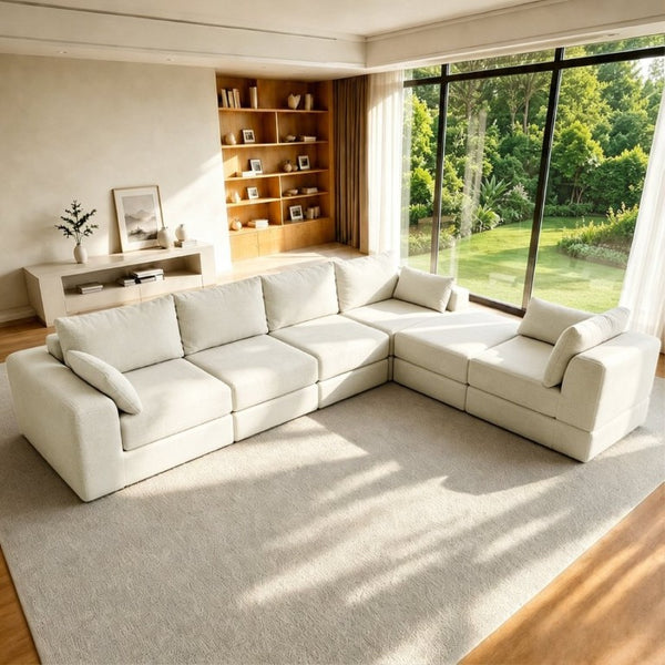 English Elm L Shaped Modular Floor Sectional Corduroy Sofa with Deep Seating and Four Pillows Beige W3975S00194