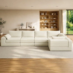 English Elm L Shaped Modular Floor Sectional Corduroy Sofa with Deep Seating and Four Pillows Beige W3975S00194