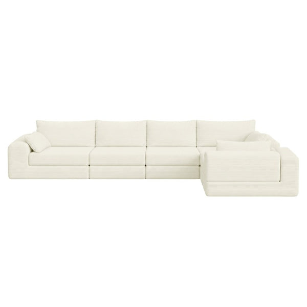 English Elm L Shaped Modular Floor Sectional Corduroy Sofa with Deep Seating and Four Pillows Beige W3975S00194