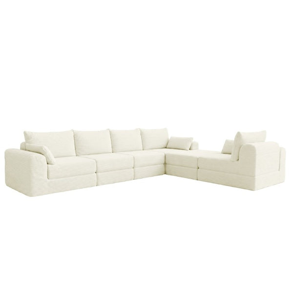 English Elm L Shaped Modular Floor Sectional Corduroy Sofa with Deep Seating and Four Pillows Beige W3975S00194
