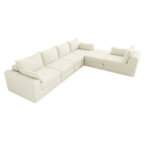 English Elm L Shaped Modular Floor Sectional Corduroy Sofa with Deep Seating and Four Pillows Beige W3975S00194