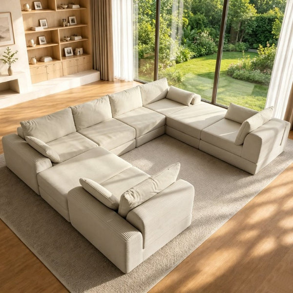 English Elm U Shaped Modular Floor Sectional Sofa in Corduroy with Deep Lounge Seating W3975S00195