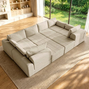 English Elm U Shaped Modular Floor Sectional Sofa in Corduroy with Deep Lounge Seating W3975S00195