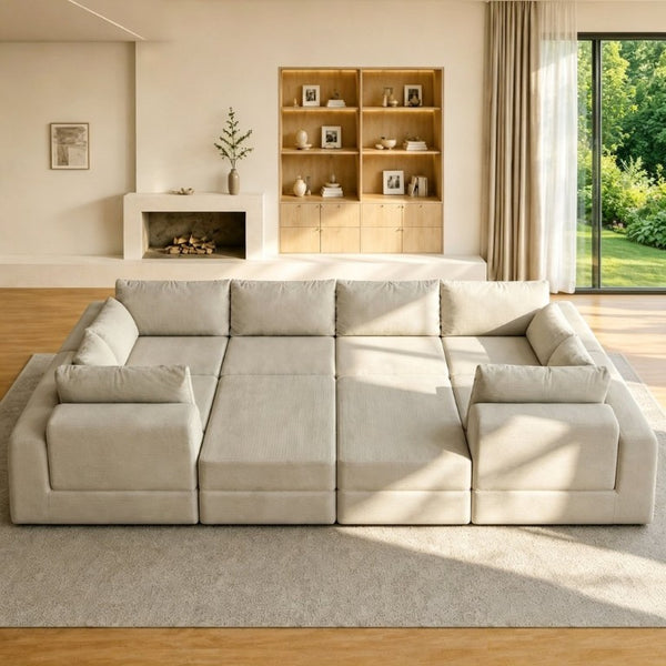 English Elm U Shaped Modular Floor Sectional Sofa in Corduroy with Deep Lounge Seating W3975S00195