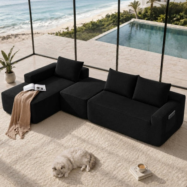English Elm 104 Inch Modular U-Shape Sectional in Corduroy Deep Seating Sofa for Living Room Black Left W3975S00196