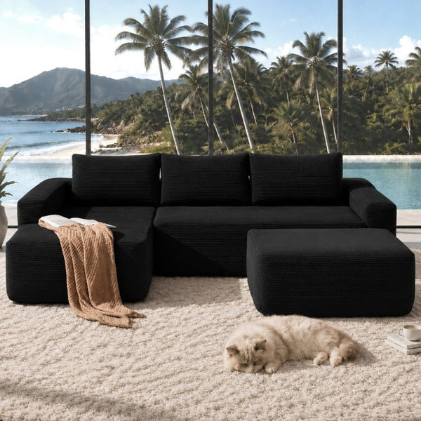 English Elm 104 Inch Modular U-Shape Sectional in Corduroy Deep Seating Sofa for Living Room Black Left W3975S00196