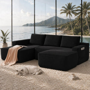 English Elm 104 Inch Modular U-Shape Sectional in Corduroy Deep Seating Sofa for Living Room Black Left W3975S00196