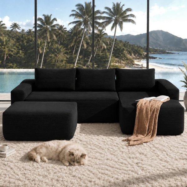 English Elm 104 Inch Modular U-Shape Sectional in Corduroy Deep Seating Sofa for Living Room Black Right W3975S00197