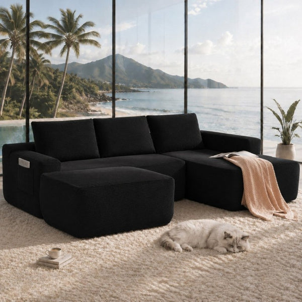 English Elm 104 Inch Modular U-Shape Sectional in Corduroy Deep Seating Sofa for Living Room Black Right W3975S00197