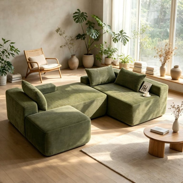 English Elm 96.9''Cloud Modular U-Shaped Sectional Corduroy Sofa Deep Sink Seating for Living Room Green Right W3975S00199