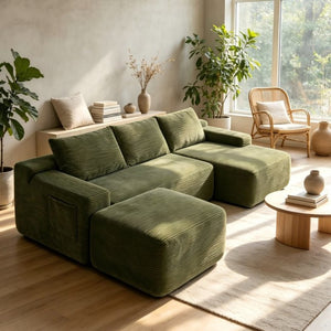 English Elm 96.9''Cloud Modular U-Shaped Sectional Corduroy Sofa Deep Sink Seating for Living Room Green Right W3975S00199