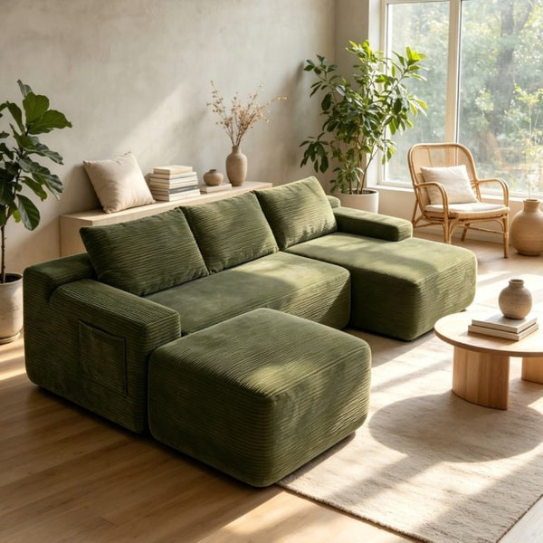 English Elm 96.9''Cloud Modular U-Shaped Sectional Corduroy Sofa Deep Sink Seating for Living Room Green Right W3975S00199