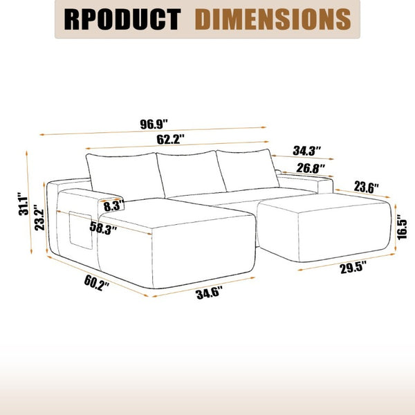 English Elm 96.9''Cloud Modular U-Shaped Sectional Corduroy Sofa Deep Sink Seating for Living Room Black Left W3975S00200