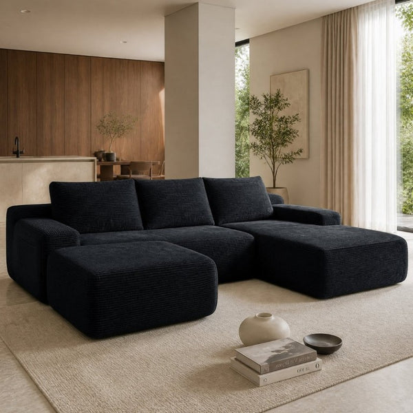 English Elm 96.9''Cloud Modular U-Shaped Sectional Corduroy Sofa Deep Sink Seating for Living Room Black Right W3975S00201