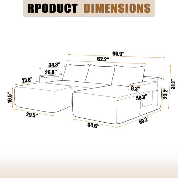 English Elm 96.9''Cloud Modular U-Shaped Sectional Corduroy Sofa Deep Sink Seating for Living Room Black Right W3975S00201