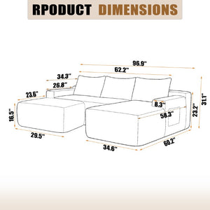 English Elm Upholstered Modular Floor Sofa with Corduroy Fabric and Low Profile Lounge Design Camel U-Shaped Chaise Left W3975S00209