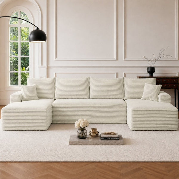 English Elm 134 Inch U-Shape Modular Sectional Plush Corduroy Cloud Sofa with Deep Seating Pockets W3975S00236