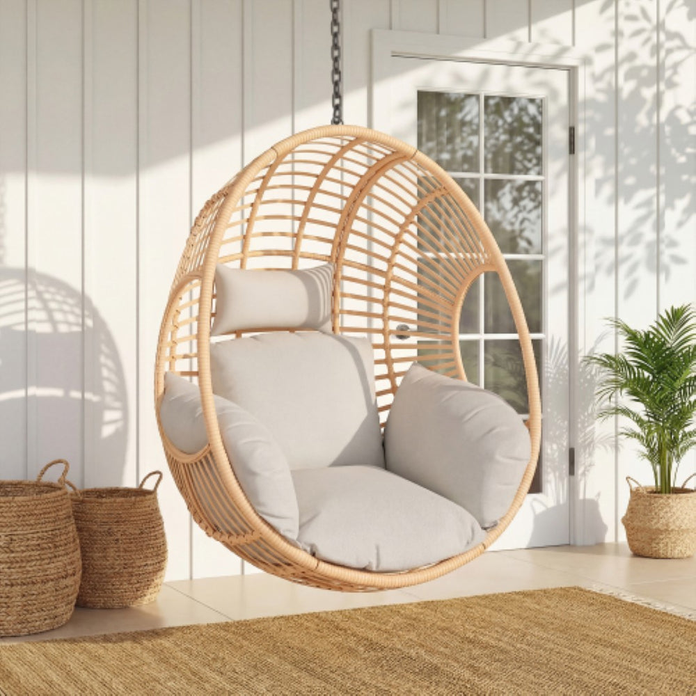 English Elm Outdoor Handwoven Pe Wicker Hanging Swing Chair with Cushion for Patio or Balcony W3979P393016