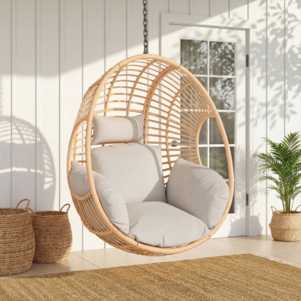 English Elm Outdoor Handwoven Pe Wicker Hanging Swing Chair with Cushion for Patio or Balcony W3979P393016