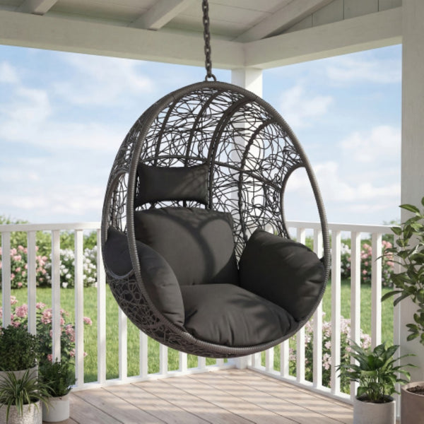 English Elm Outdoor Hand-woven Pe Wicker Hanging Swing Chair with Plush Cushion for Patio Use W3979P393024