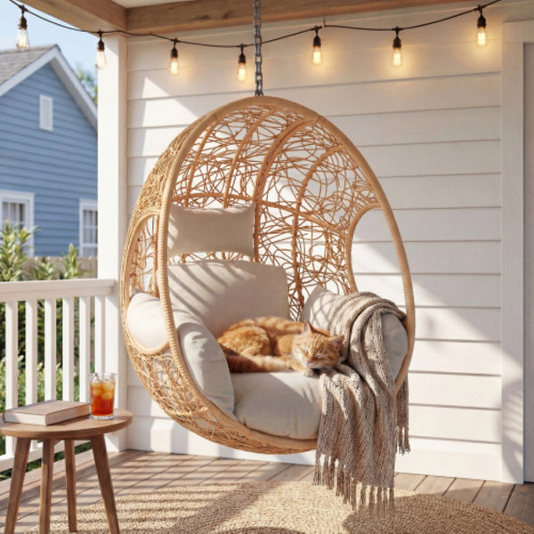 English Elm Natural Pe Wicker Hanging Swing Chair Hand Woven for Patio Garden or Indoor Lounging W3979P393026
