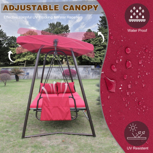 English Elm Swing, 4 Seat Outdoor Porch Bench with Steel Frame Canopy and High Density Foam Cushions W3979P394085