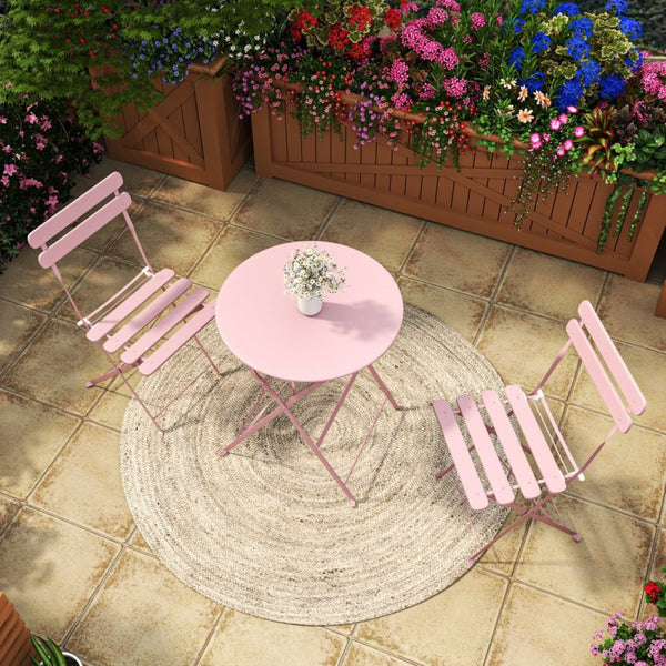 English Elm Bistro Outdoor Folding Patio Set Steel Frame Weather Resistant Three Piece Balcony Dining Pink W3979P394153