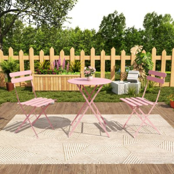 English Elm Bistro Outdoor Folding Patio Set Steel Frame Weather Resistant Three Piece Balcony Dining Pink W3979P394153