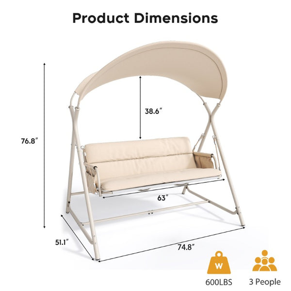 English Elm 3-Person Outdoor Porch Swing with Steel Frame Cushioned Garden Patio Seat 600 Lb Cap W3979P516848