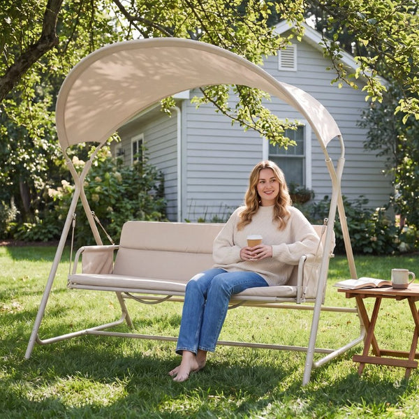 English Elm 3-Person Outdoor Porch Swing with Steel Frame Cushioned Garden Patio Seat 600 Lb Cap W3979P516848