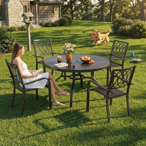 English Elm 5-Piece Outdoor Round Dining Set Wood-Grain Slat Table Stackable Rustproof Chairs W3979S00053
