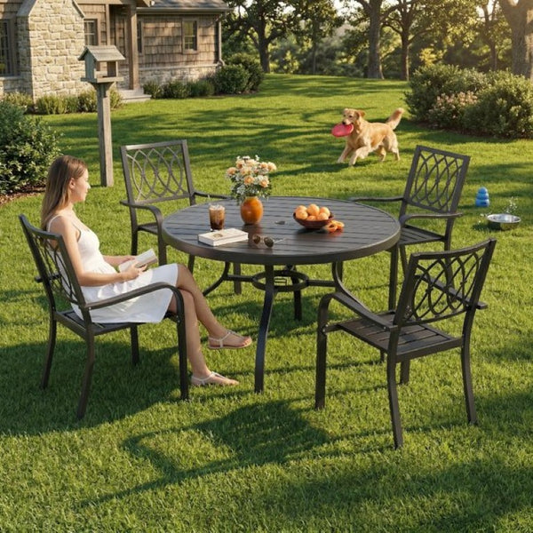 English Elm 5-Piece Outdoor Round Dining Set Wood-Grain Slat Table Stackable Rustproof Chairs W3979S00053