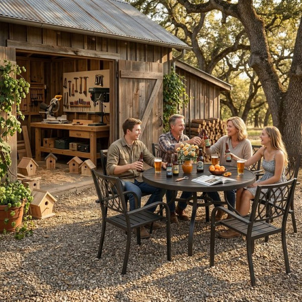 English Elm 5-Piece Outdoor Round Dining Set Wood-Grain Slat Table Stackable Rustproof Chairs W3979S00053