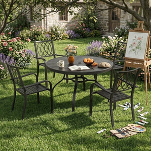 English Elm 5-Piece Outdoor Round Dining Set Wood-Grain Slat Table Stackable Rustproof Chairs W3979S00053