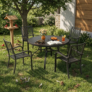 English Elm 5-Piece Outdoor Round Dining Set Wood-Grain Slat Table Stackable Rustproof Chairs W3979S00053