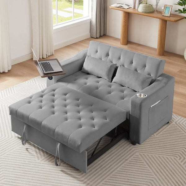 English Elm Light Grey Velvet Tufted Sleeper Loveseat with USB Port and Rotating Side Table W3985P387370