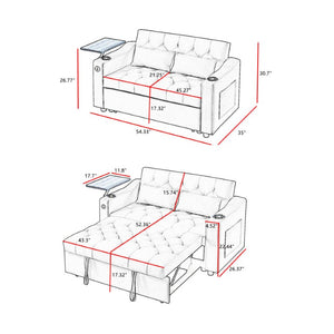 English Elm Light Grey Velvet Tufted Sleeper Loveseat with USB Port and Rotating Side Table W3985P387370